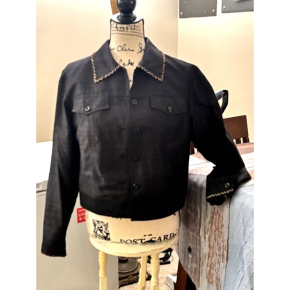 100% Silk Black Embellished "Jean" Style Jacket by Kelly & Diane Size 10 - Picture 1 of 7